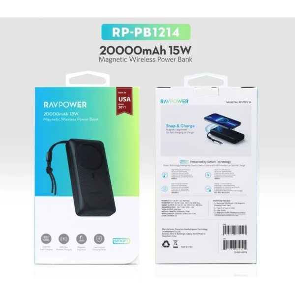 Rav Rp-Pb1214 20000Mah PD 15W Magnet Power Bank W/Less