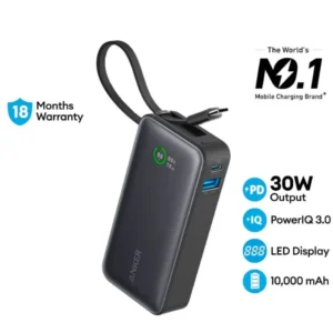 Anker 30W Fast Charging 10,000 Mah Built-In Usb-C Cable Black